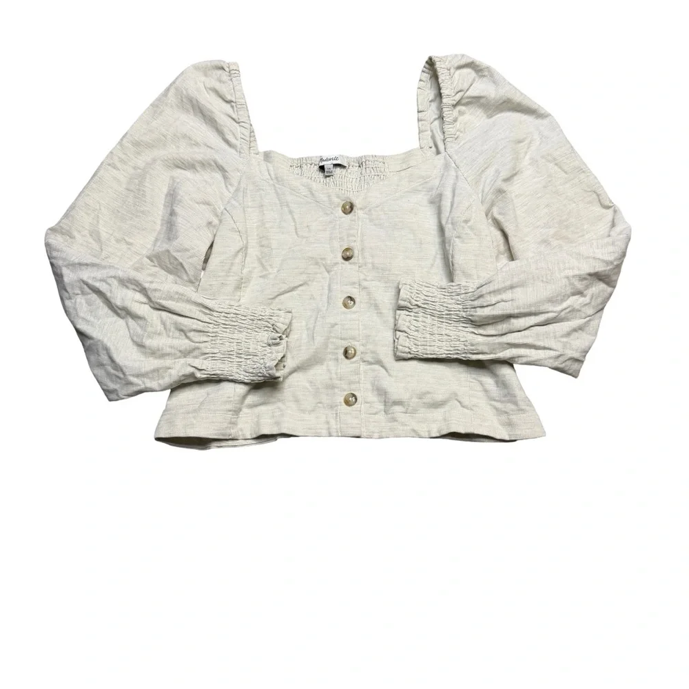 🤍 Madewell Cream Corduroy Sweetheart Smocked Top Size‎ 10 Puff Sleeve 🤍